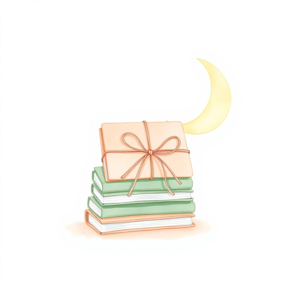 Illustration douce d'une pile de carnets Petit Murmure sous un croissant de lune